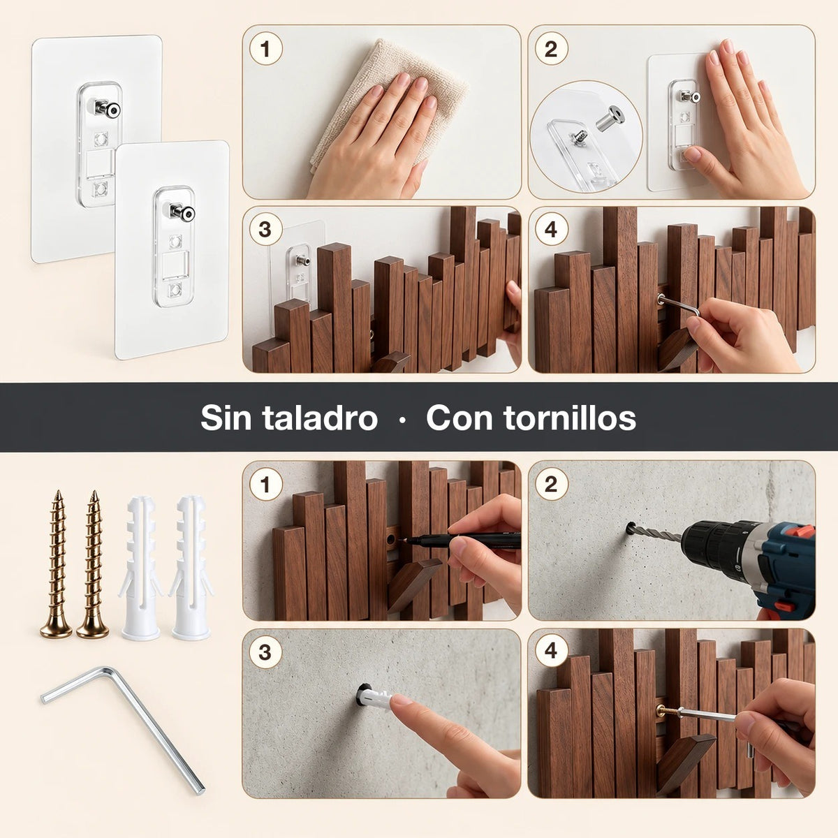 Instalación del perchero: sin taladro o con tornillos