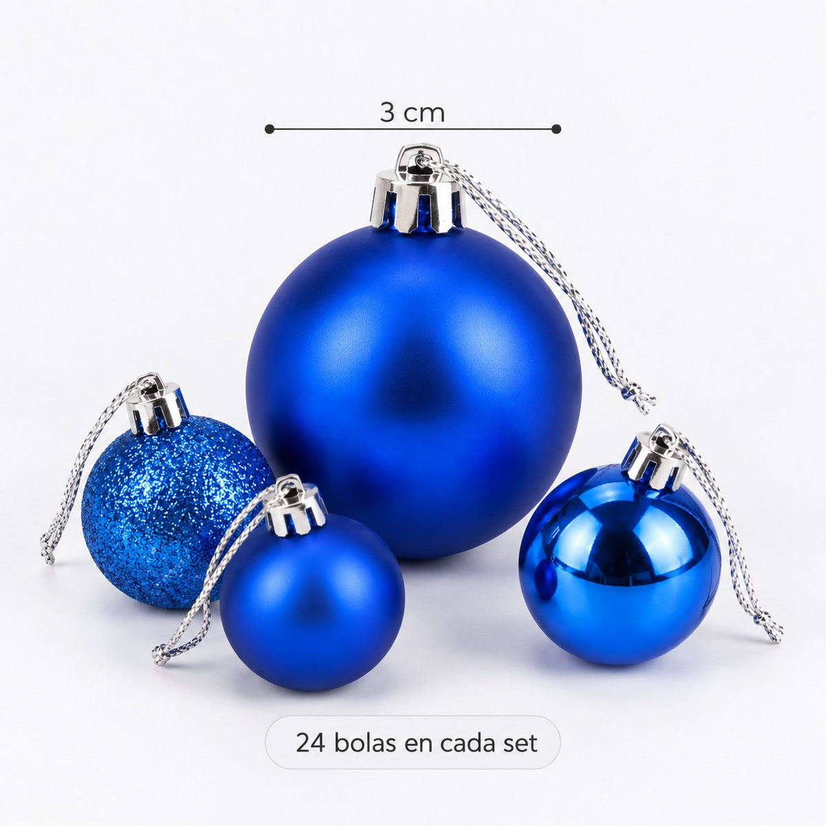 Bolas azules navideñas con medidas y set