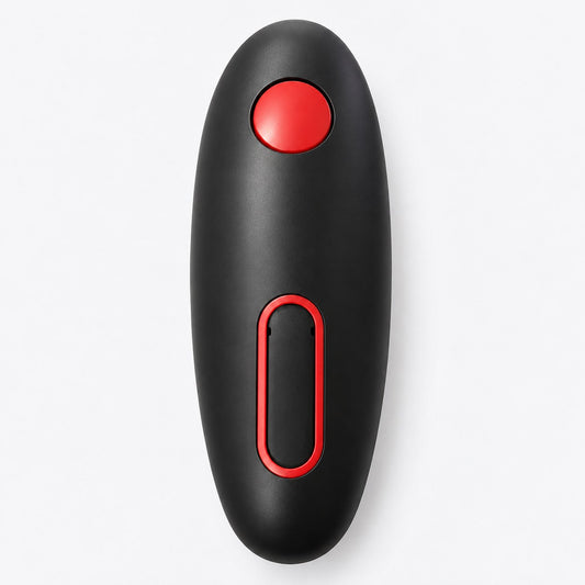 Dispositivo negro con botones rojos