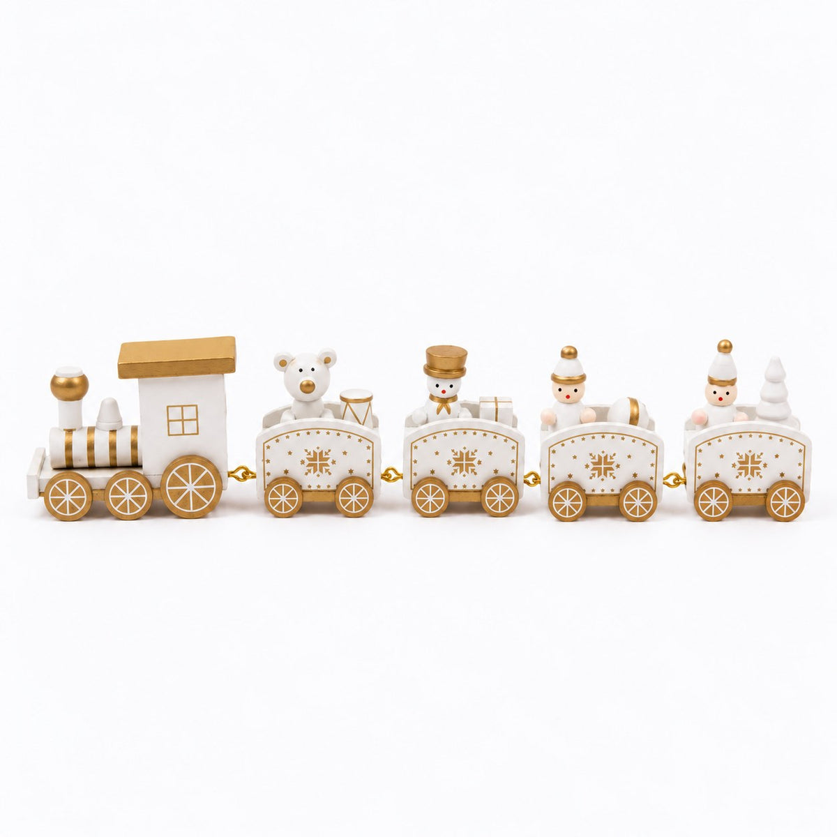 Tren navideño de madera blanco y dorado