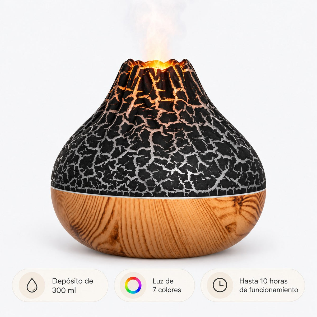 Difusor volcánico con vapor y luz cálida