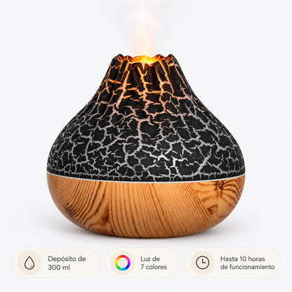 Difusor volcánico con vapor y luz cálida