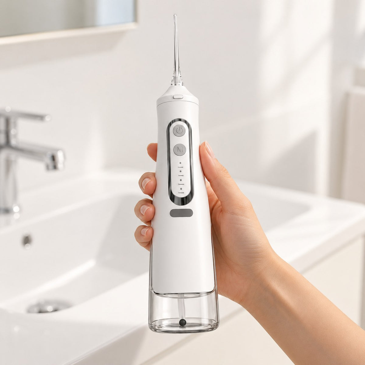 Irrigador dental blanco en baño luminoso