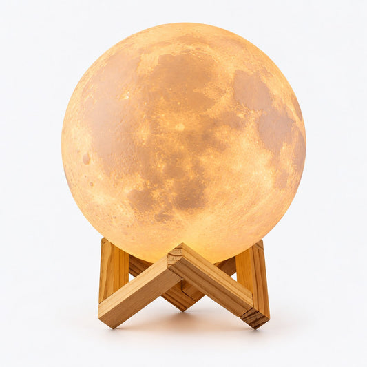 Lámpara lunar cálida con soporte de madera