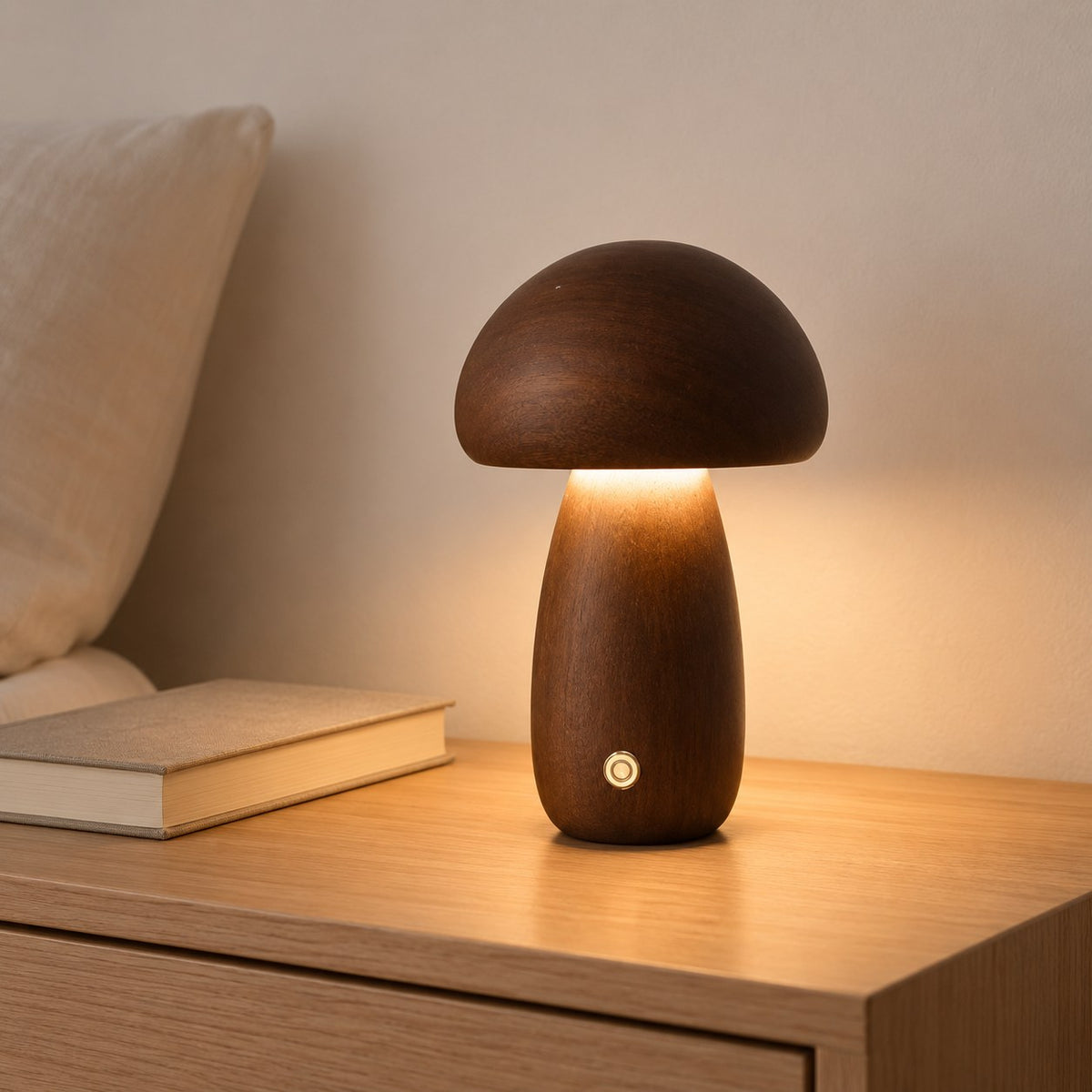 Lámpara de madera junto a la cama