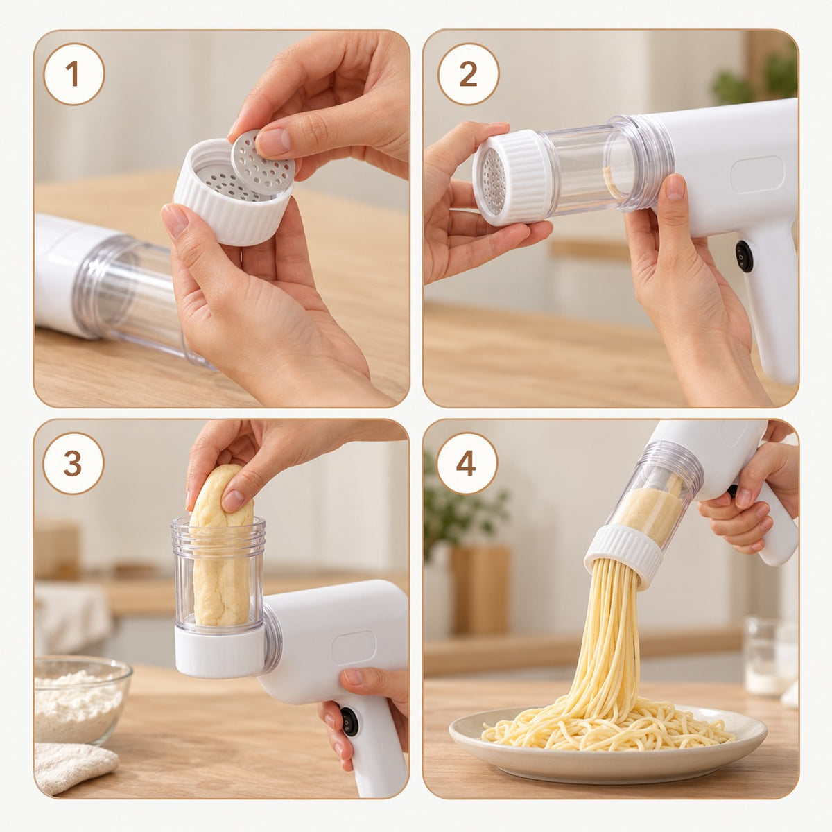 Cómo se usa la máquina de pasta en 4 pasos: elegir molde, enroscar cabezal, rellenar con masa y accionar