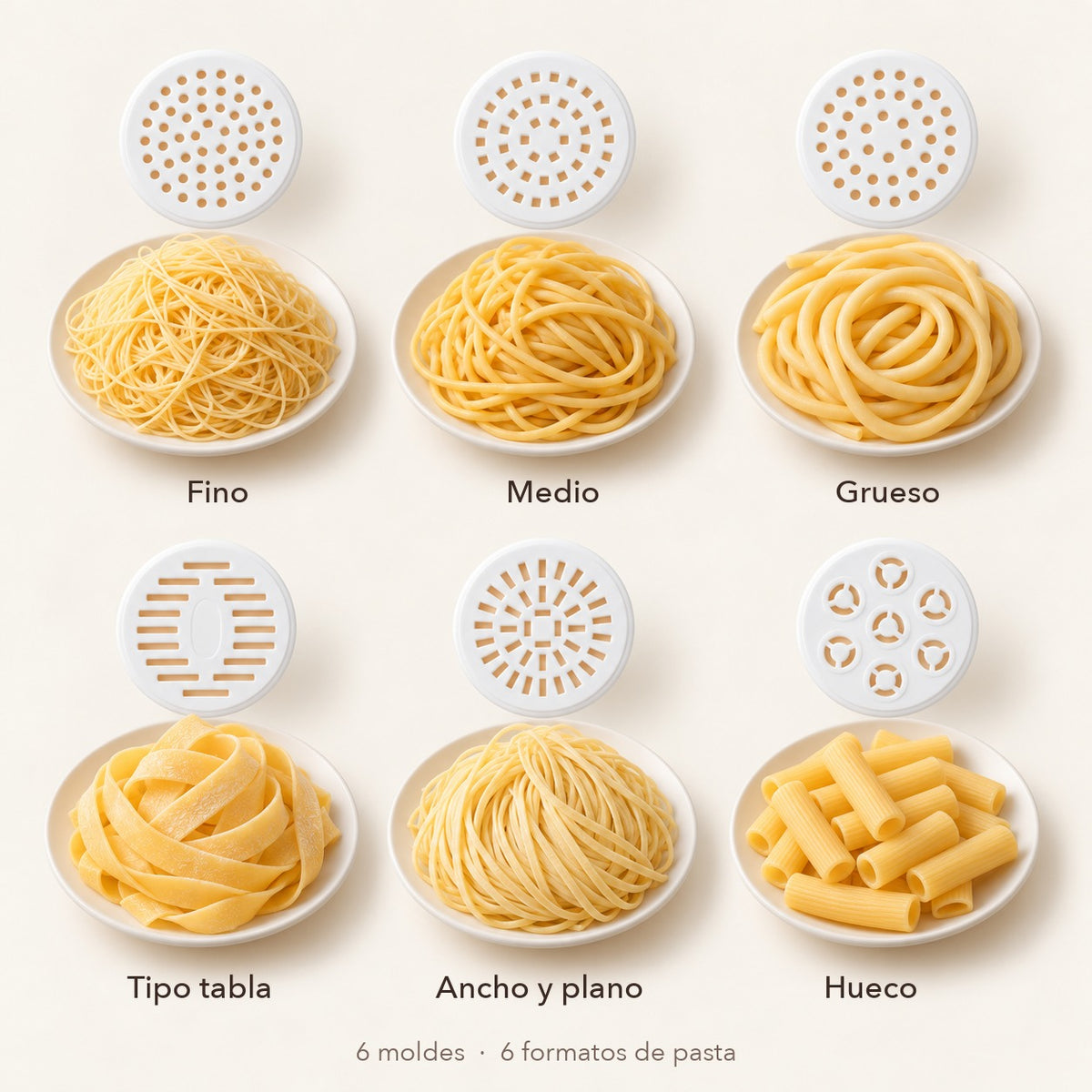 Los 6 moldes intercambiables con el tipo de pasta de cada uno: fino, medio, grueso, tipo tabla, ancho y plano, hueco