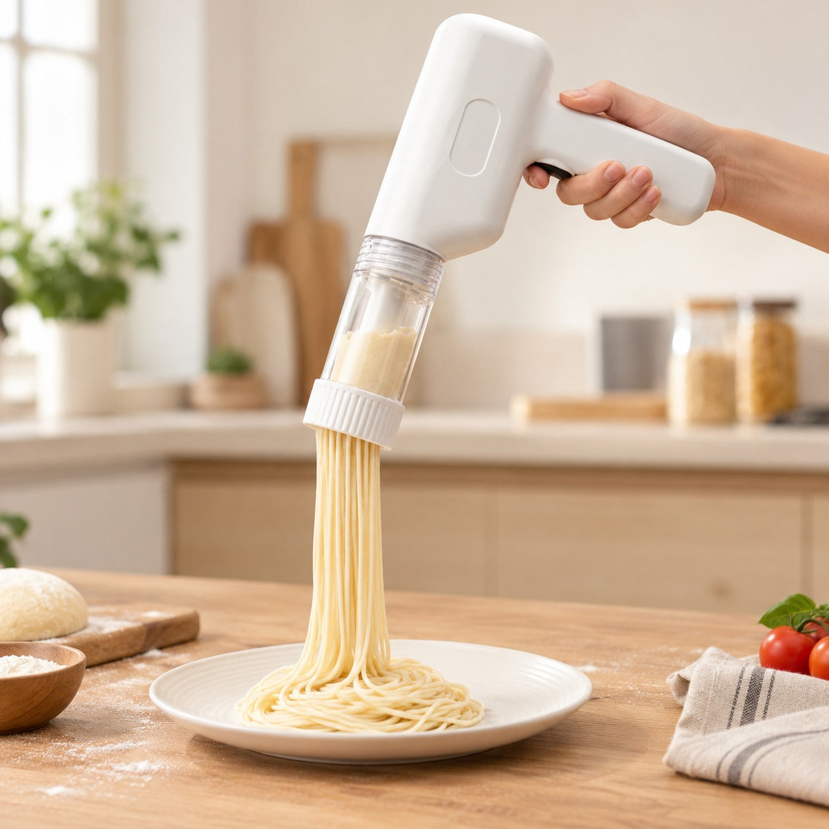 Mano sosteniendo la máquina de pasta mientras salen fideos frescos sobre un plato
