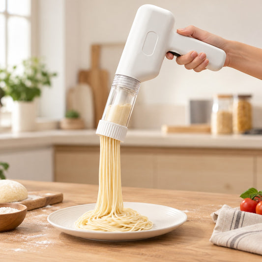 Mano sosteniendo la máquina de pasta mientras salen fideos frescos sobre un plato
