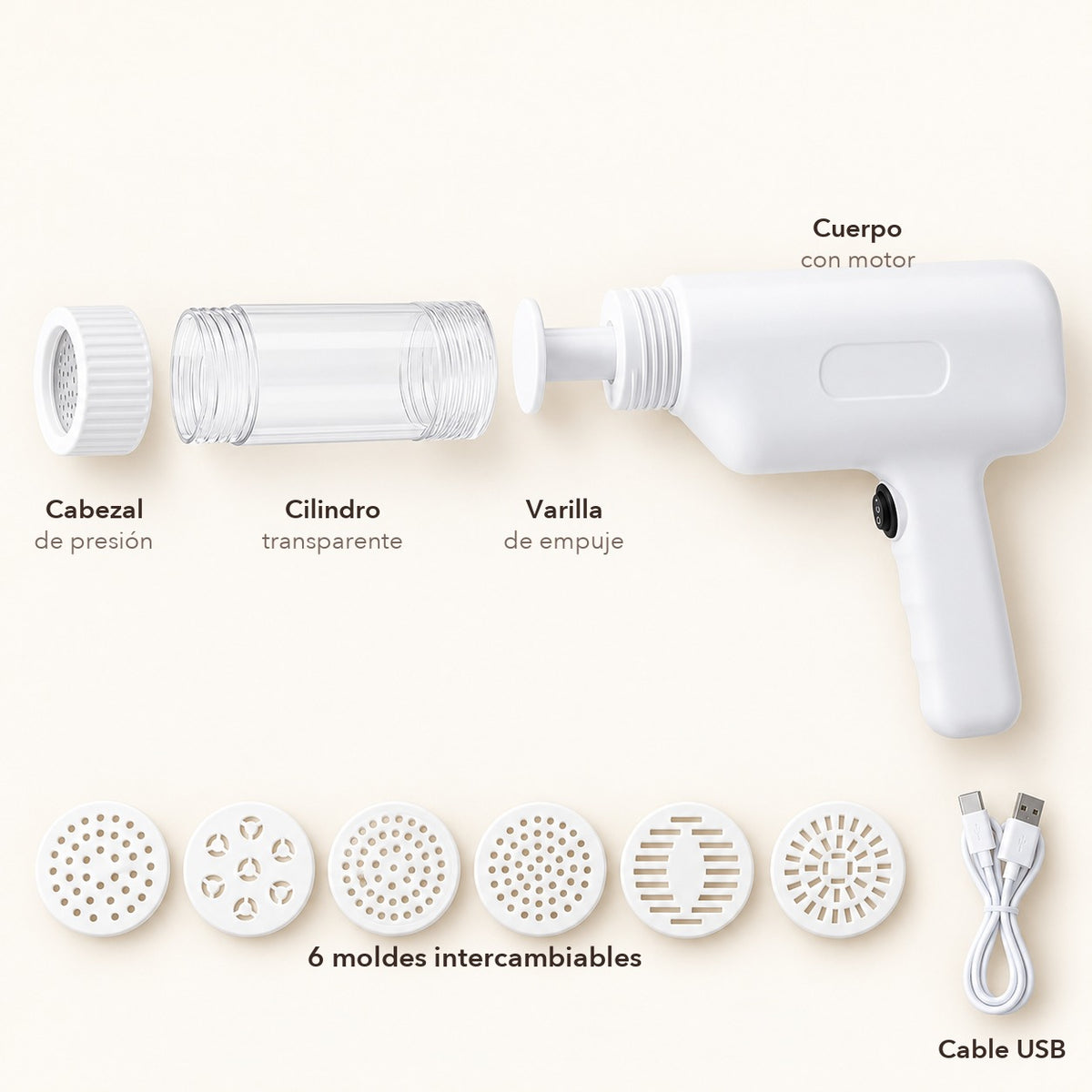 Despiece de la máquina de pasta con sus piezas: cabezal, cilindro, varilla de empuje, cuerpo con motor, 6 moldes y cable USB