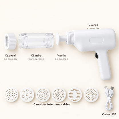 Despiece de la máquina de pasta con sus piezas: cabezal, cilindro, varilla de empuje, cuerpo con motor, 6 moldes y cable USB