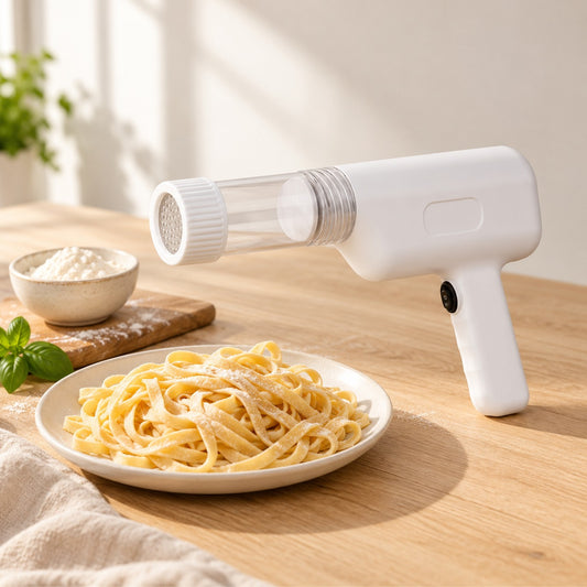 Máquina de pasta eléctrica portátil blanca sobre una mesa de madera junto a un plato de tallarines frescos