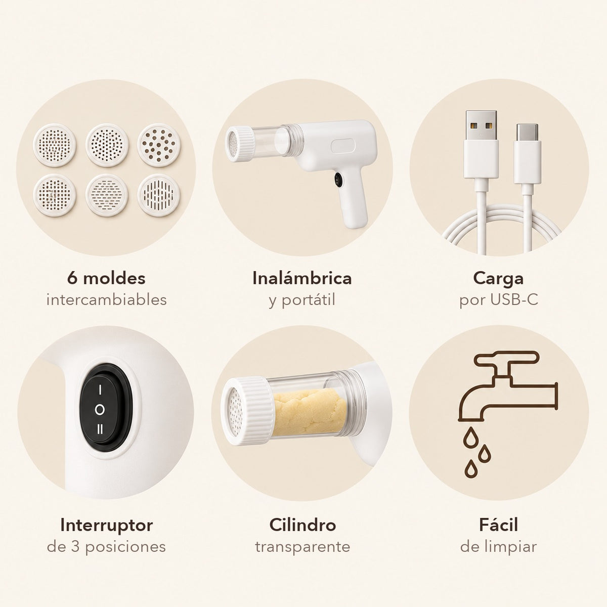Ventajas: 6 moldes, inalámbrica y portátil, carga USB-C, interruptor de 3 posiciones, cilindro transparente, fácil de limpiar