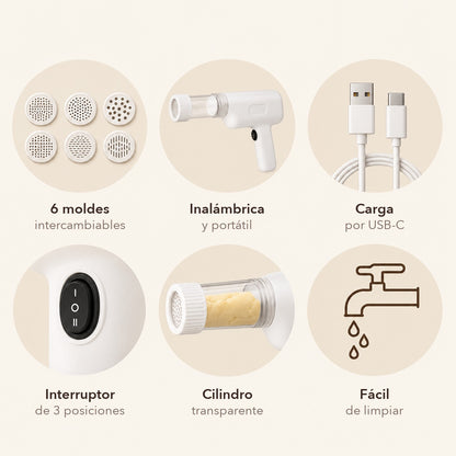 Ventajas: 6 moldes, inalámbrica y portátil, carga USB-C, interruptor de 3 posiciones, cilindro transparente, fácil de limpiar