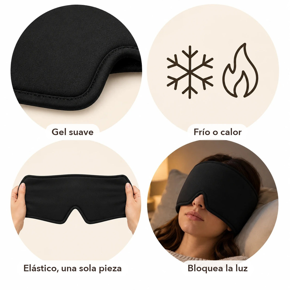 Detalles del gorro de gel: gel suave, frío o calor, elástico de una sola pieza y bloquea la luz