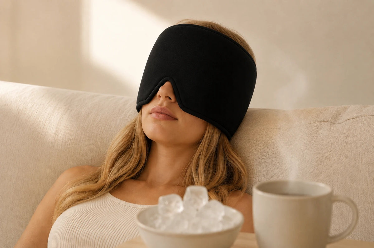 Mujer con el gorro de gel negro junto a un cuenco con hielo y una taza caliente