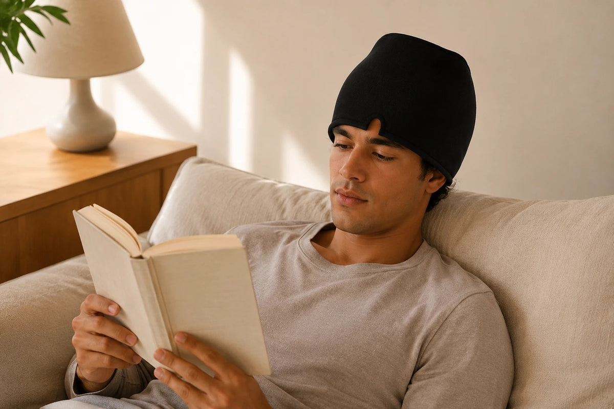 Hombre leyendo en el sofá con el gorro de gel negro puesto