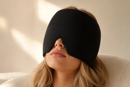 Mujer con el gorro de gel negro cubriendo cabeza y ojos, en primer plano