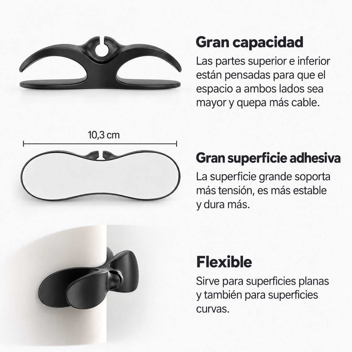Organizador de cables flexible y adhesivo