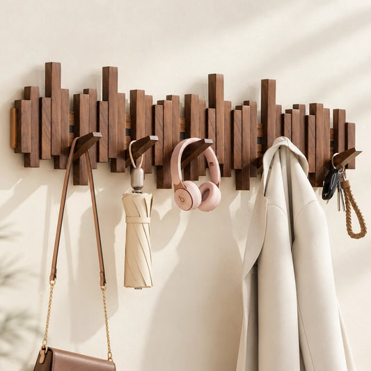 Perchero de pared de nogal con bolso, paraguas, auriculares y abrigo colgados