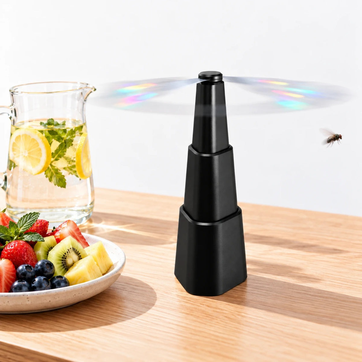 Ventilador antimoscas de mesa con aspas holográficas girando y una mosca alejándose, junto a fruta y limonada